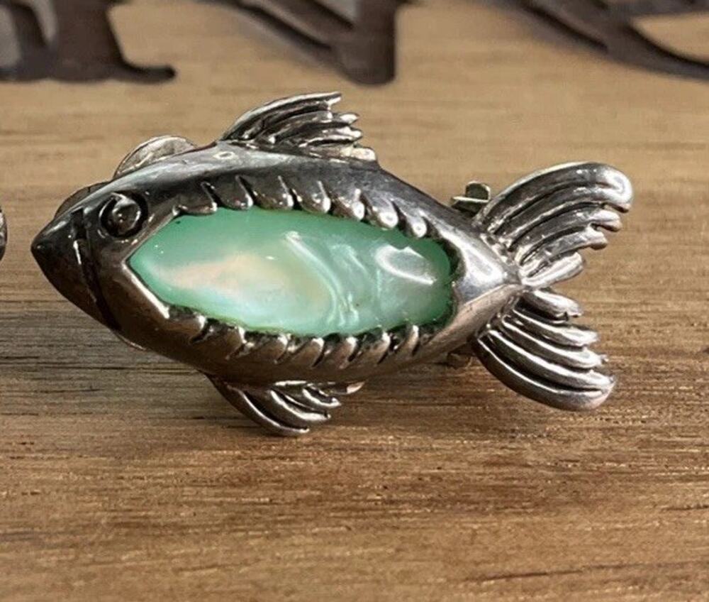 Vintage Sterling Silver Fish Coastal Clip On Earrings Aqua Green Gemstones 10g